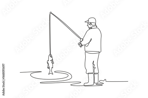 Continuous one line drawing back view of man celebrating successful catch fish out of water, symbolizing victory, achievement, and rewarding hobby. Single line draw design vector graphic illustration