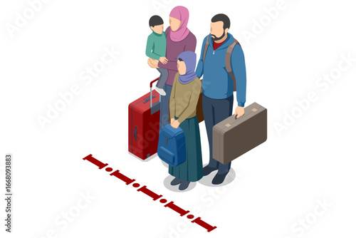 Isometric illustration of a refugee family with luggage standing at the border. Migration, relocation, asylum seekers and humanitarian crisis concept