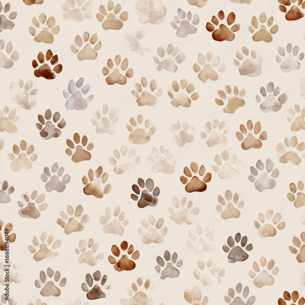 Fototapeta premium Seamless Pattern with Dog and Cat Paw Prints in Brown Watercolor Style