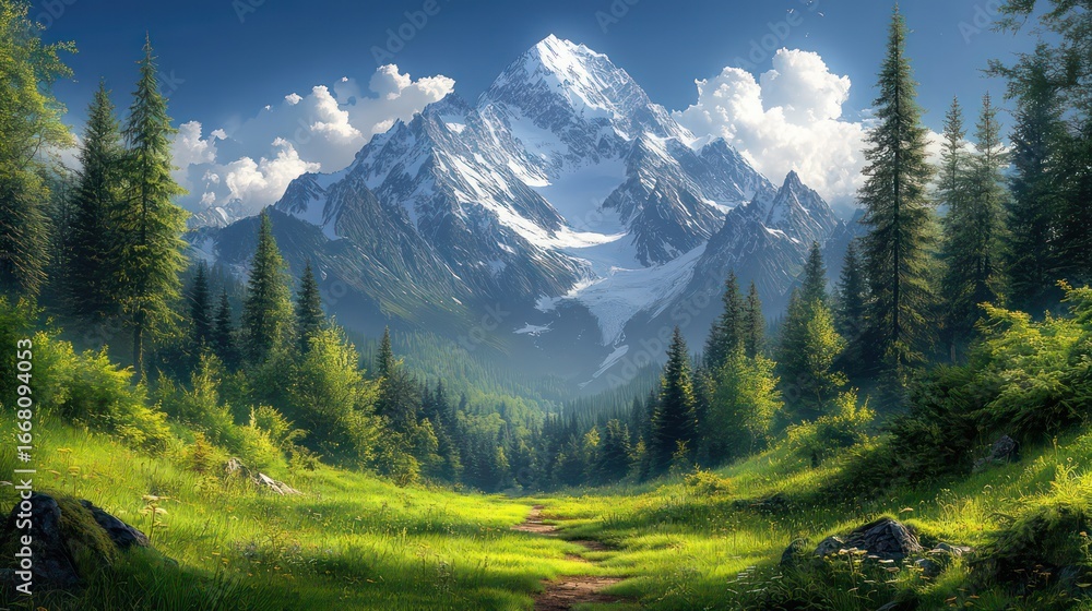 Obraz premium Mountain trail through forest with snow-capped peak view