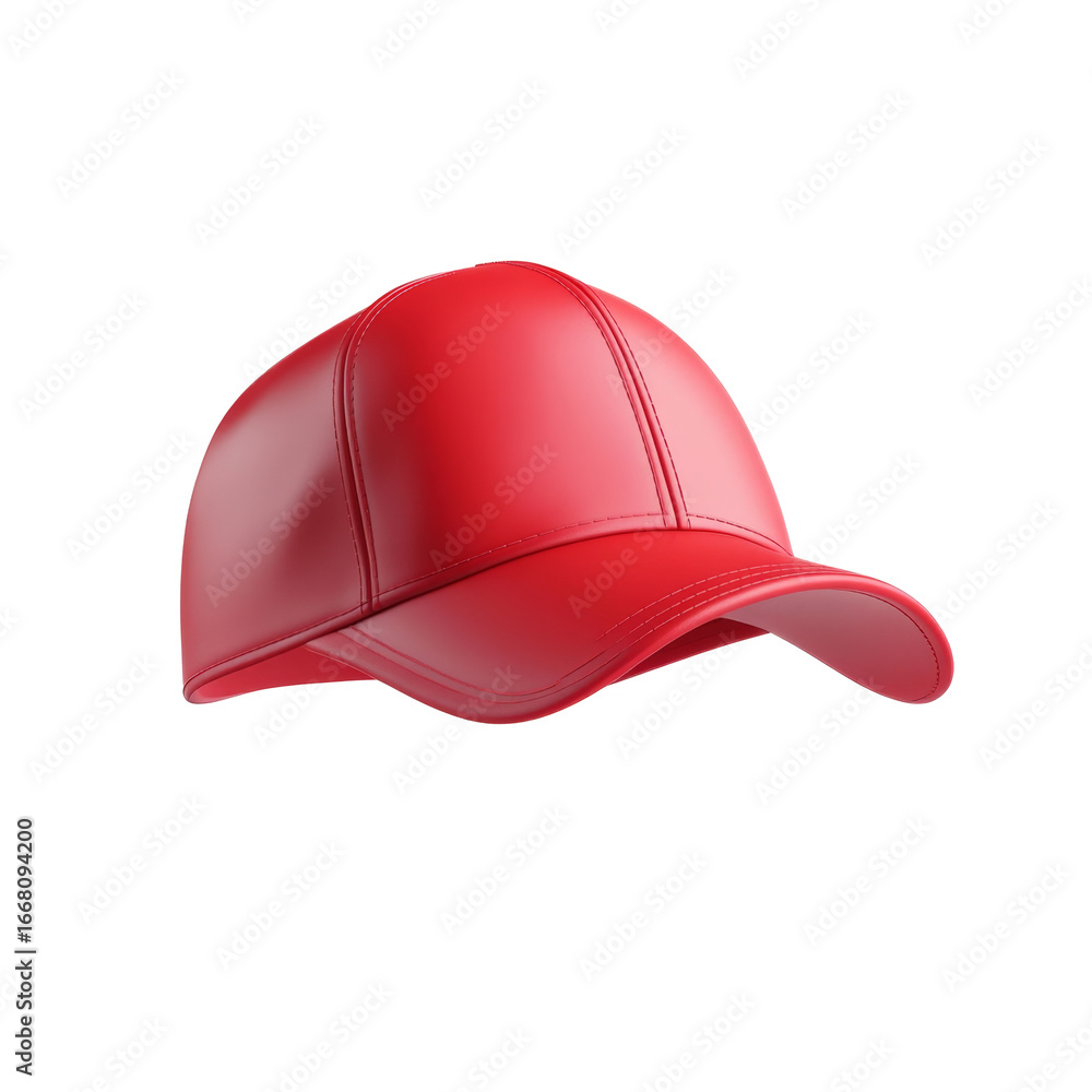 Fototapeta premium Shiny red baseball cap with stitched panels on white background