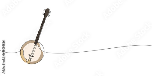 Minimalist line drawing with color accents of a banjo. String musical instrument illustration for folk, bluegrass, and country music design and performance concepts.