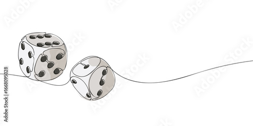 One line colored drawing of two dice with black dots. Minimalist linear illustration. Gambling, gaming and chance concept for casino, board game and entertainment design.