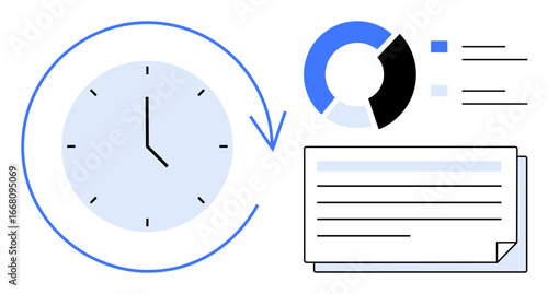Clock with arrow for time management, pie chart for data analysis, and document for organization. Ideal for productivity, data tracking, scheduling, planning, organization, workflow optimization