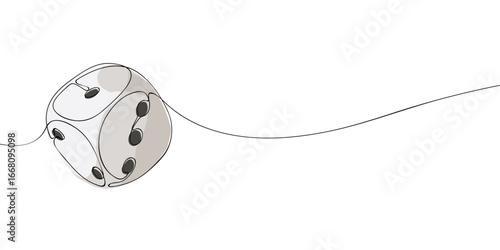 Minimalist line drawing with color accents of a dice. Gaming cube illustration for board games, chance, probability, gambling, entertainment, and design concepts