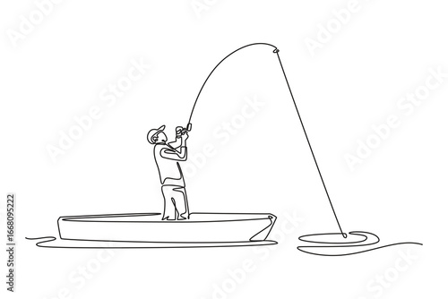 Single continuous line drawing man in boat fighting catch with bent fishing rod. Symbolizing adventure, determination, and thrill of fishing. Dynamic one line draw graphic design vector illustration