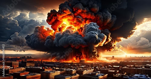 A City Is Erased by a Blazing Nuclear Inferno from an Air Assault. War related concept.