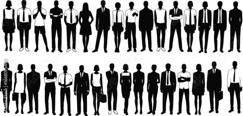 Silhouette of Business People Standing in a Row, Teamwork Concept, Corporate Group Diversity, Office Attire, Professional Vector Illustration