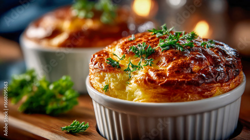 Golden cheese souffle baked in a white ramekin, garnished with fresh parsley on a rustic wooden board