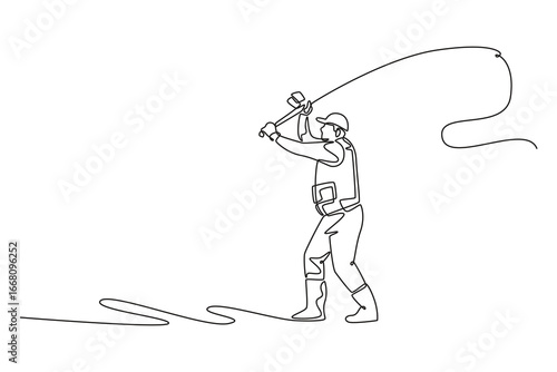 Single one line drawing adult man casting his fishing line in a wide lake. Symbolizing fluid motion, skill, and elegant action of sport. Modern continuous line draw design graphic vector illustration