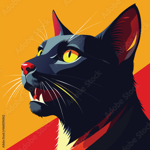 Stylized black cat with yellow eyes on orange and red background