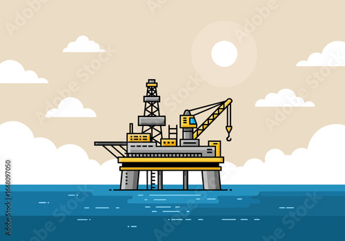 Stylized Offshore Oil Rig with Crane and Drilling Tower on Water