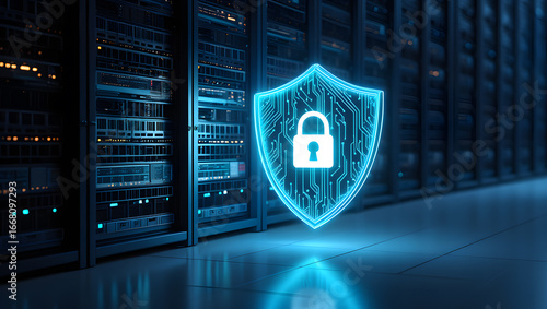 Cybersecurity:  Data Center Server Room Protection,  Glowing Shield Icon,  Digital Security Concept.