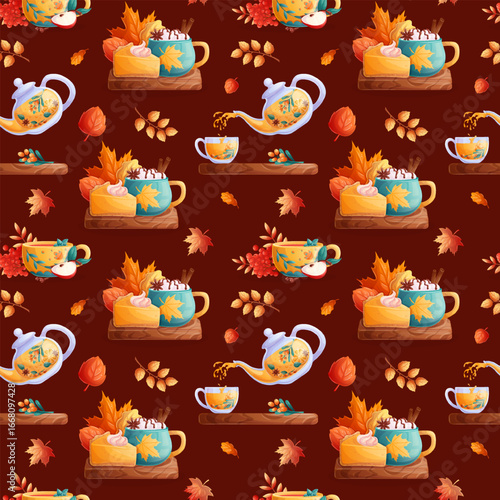 Seamless pattern with autumn drinks and pastries, leaves. The concept of autumn, Thanksgiving. Vector illustration for seasonal design of postcards, banners, posters and promotions