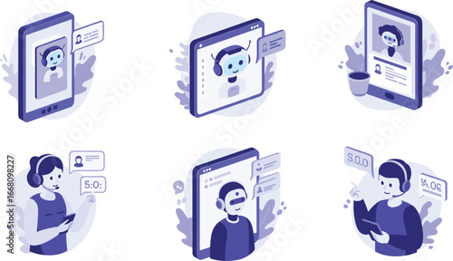Customer support illustration, chatbot interface, virtual assistant communication, online tech help icons, futuristic AI agents, digital call center service.