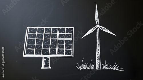 Solar panel and wind turbine symbolizing renewable energy drawn on blackboard