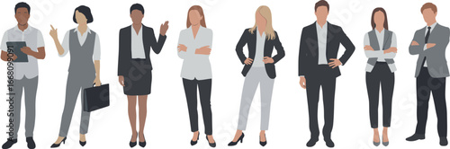 Diverse group of business professionals standing confidently, corporate attire, teamwork, leadership, business communication, modern office, collaboration, success, professional environment.