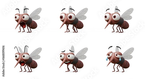 Cartoon mosquitoes expressions set