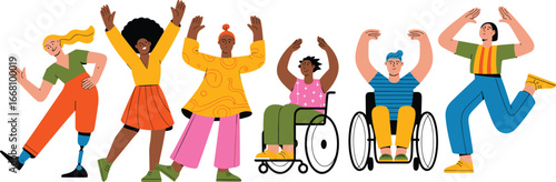 Diverse inclusive group of people with disabilities celebrating, smiling, dancing, prosthetic leg, wheelchair users, unity, empowerment, diversity, accessibility, joy.