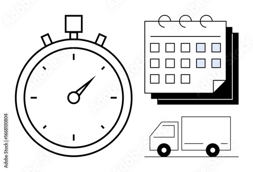 Stopwatch, calendar with highlighted dates, delivery truck symbolizing punctuality, planning, shipping. Ideal for delivery, scheduling, logistics, time tracking deadlines productivity business