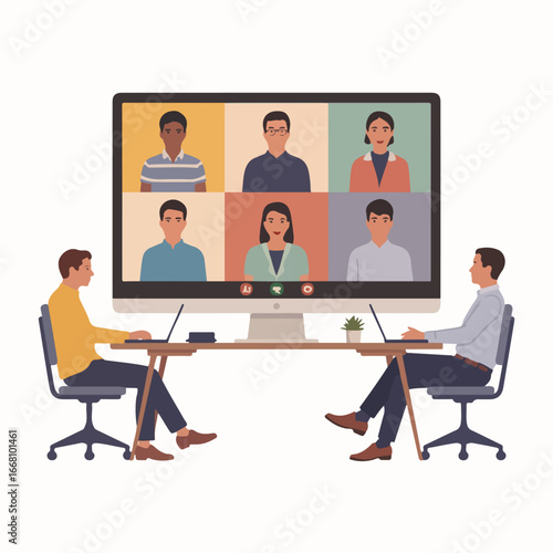 Two people in a video conference with six participants on a large computer screen on a white background