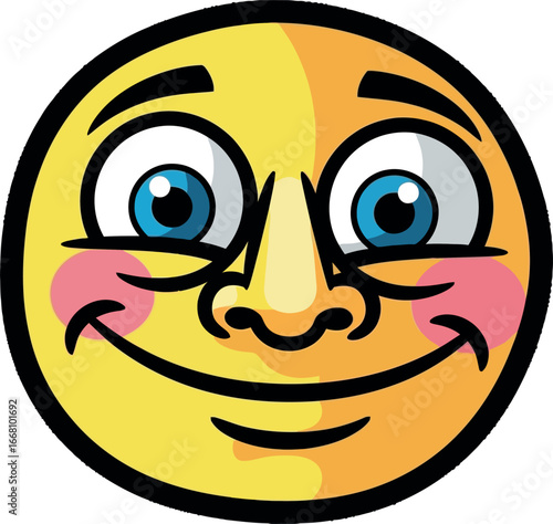 Cheerful Cartoon Smiley Face with Big Eyes and Rosy Cheeks.