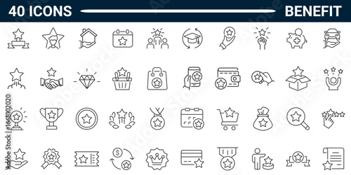 Benefit set of web icons in line style. Exclusive benefits linear icon collection. Containing reward, bonus, loyalty, star, winner, award, prize, incentive, reward and more. Editable stroke