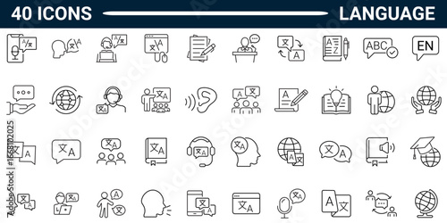 Language set of web icons in line style. Translation and communication linear icon collection. Containing translate, writing, speech, dictionary, text, language. Editable stroke.