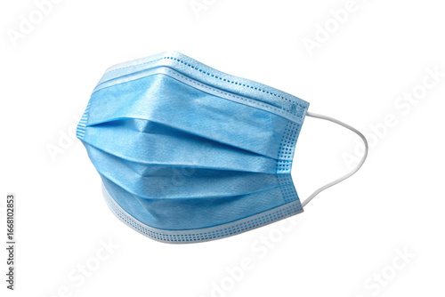 Blue disposable surgical mask with elastic ear straps and three-layer protection design, isolated on a transparent background