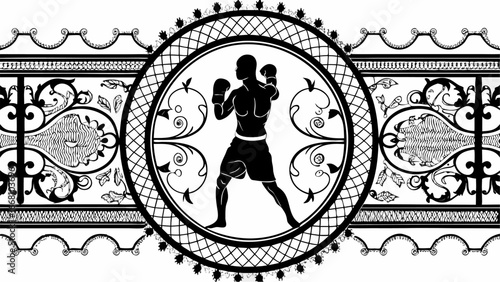 Silhouette of a boxer in a decorative circle with ornate floral elements on a white background design is black