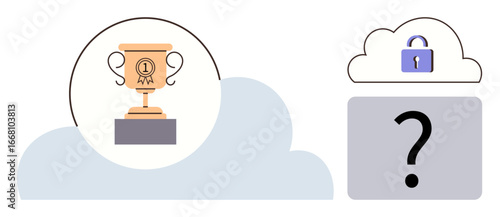 Golden trophy placed above clouds, locked cloud storage icon, and mystery box featuring a question mark. Ideal for achievement, reward, mystery, security, potential, cloud services minimal flat