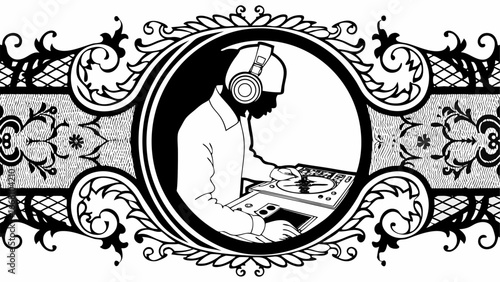 Illustration of a dj with headphones using a turntable inside an ornate decorative black and white frame silhouette