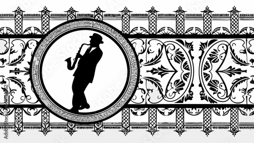 Silhouette of a saxophone player in a circle with floral and architectural decorative border elements