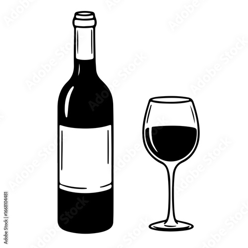 Wine bottle and glass vector lines icon svg