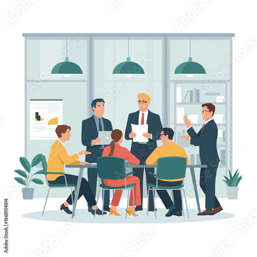 Business meeting with diverse team members in modern office discussing documents and strategy together