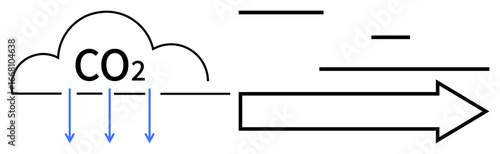 Cloud labeled CO2 with blue downward arrows symbolizing carbon release and a large forward arrow representing progress or mitigation. Ideal for sustainability, energy, innovation, climate change