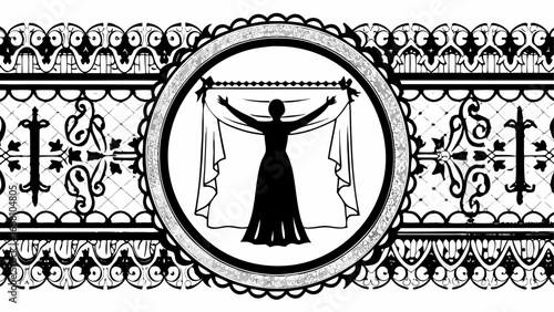 Silhouette of a woman holding a curtain inside a decorative circle with ornate border and background design