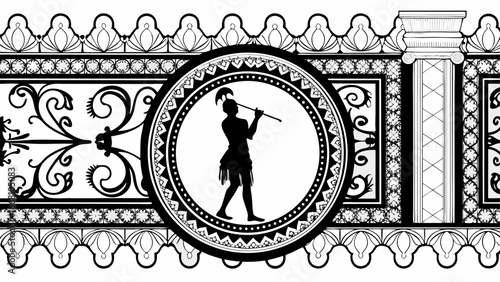 Ornate black and white design with a central medallion featuring a figure holding an axe and column motif silhouette