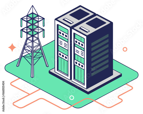 Green isometric data center server room with cooling fans and power supply system, isolated cartoon vector design.