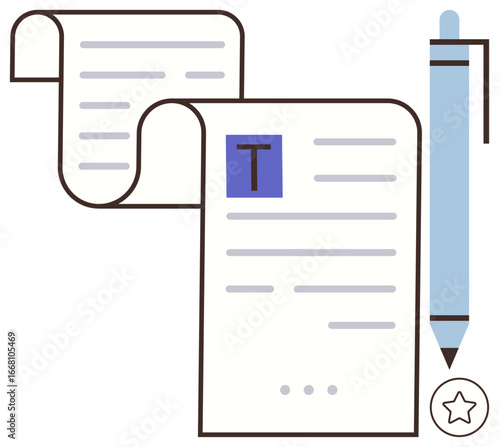 Digital document scroll accompanied by a pen, blue highlights for text editing. Ideal for content creation, writing, editing, workflow, publishing, productivity, education simple flat metaphor