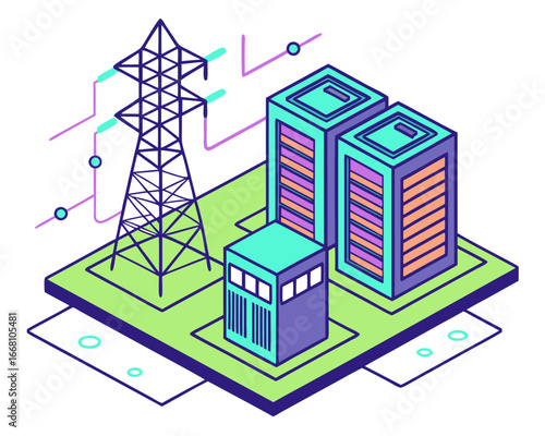 Cartoon isometric data center infrastructure showing server racks, power systems, and cooling equipment in green color scheme.