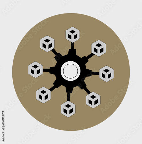 Decentralized Network Icon – Blockchain Gear with Node Cubes