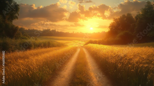 Peaceful countryside at dusk with golden light over fields