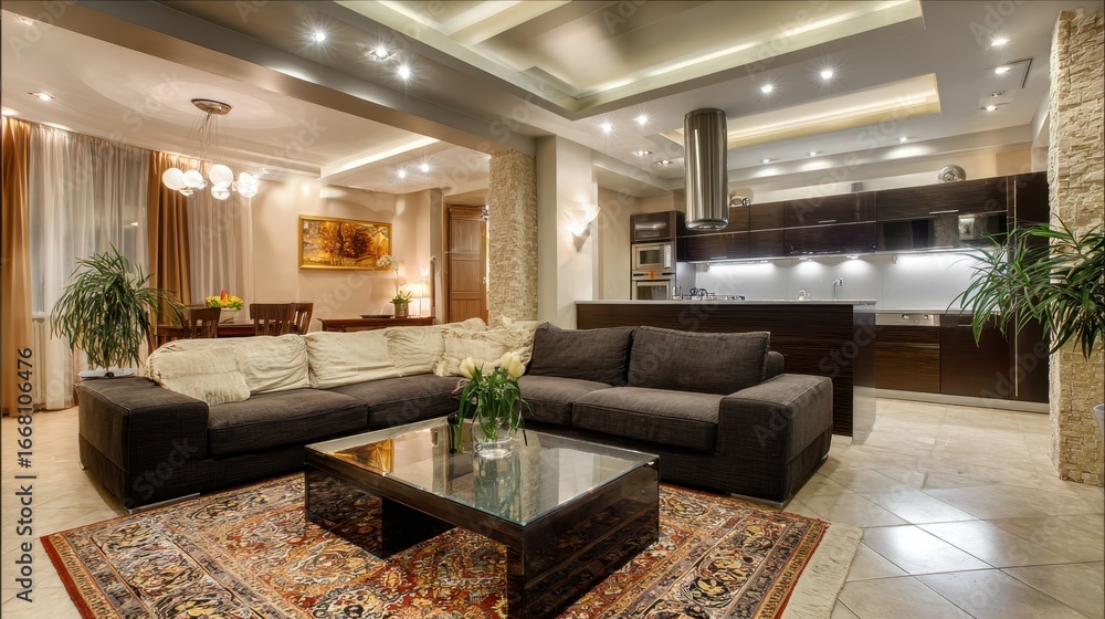 Fototapeta premium Modern living room interior design with elegant sofa, contemporary kitchen, and stylish decor featuring plants and lighting