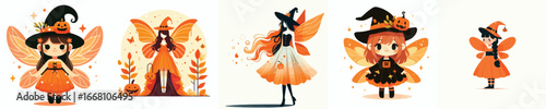 Girl wearing a Halloween-themed fairy costume. Vector, illustration, icon set