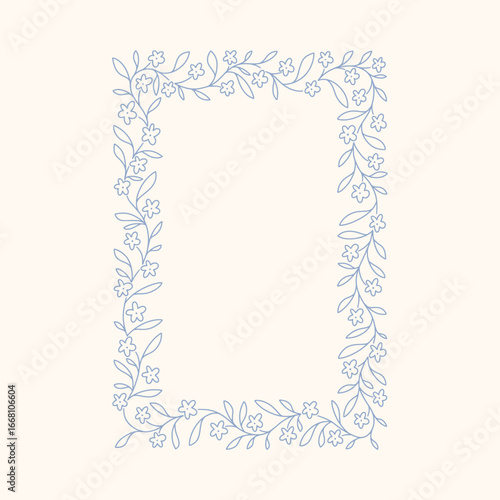 Hand drawn floral rectangle frame with a charming whimsical cottage core design. Soft blue, pastel, and nostalgic, perfect for textiles, wallpaper, wrapping paper, and romantic vintage-inspired decor.