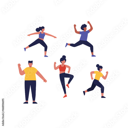 A vibrant 2D flat vector illustration shows a diverse group of people enthusiastically participating in an energetic aerobics fitness class, isolated on a clean white background.