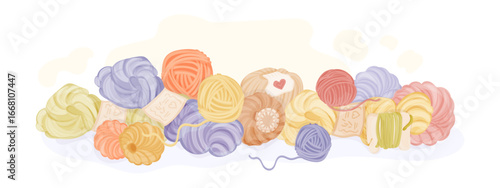 Pile of yarn balls for knitting isolated on white background. Wool for knitwork, handicraft, crocheting, hand knitting. Colorfull clews of cotton for hobby or diy. Vector horisontal banner.