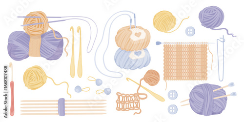 Knitting and crocheting set. Yarn and threads, skein of cotton, needles, hooks, knitting swatch, weaving wool. Needlework, tools and accessories collection. Flat vector illustration collection.