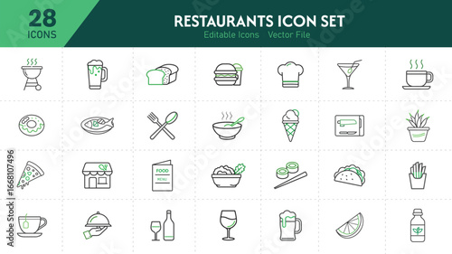  Minimal Line Restaurants Icons Set – 28 Editable Vector Food and Drink Icons including Pizza, Burger, Coffee, Chef Hat, Beer, Wine, Sushi, Taco, and Menu